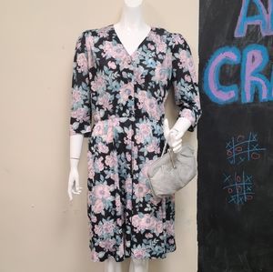 Vintage Black and Pastel Floral Print Dress
